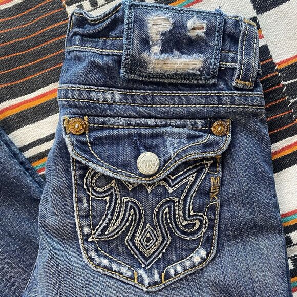 MEK Denim Jeans Womens 26/32 Blue Bootcut Oaxaca Flap Pockets.Stretch. Low Rise. - Picture 2 of 15